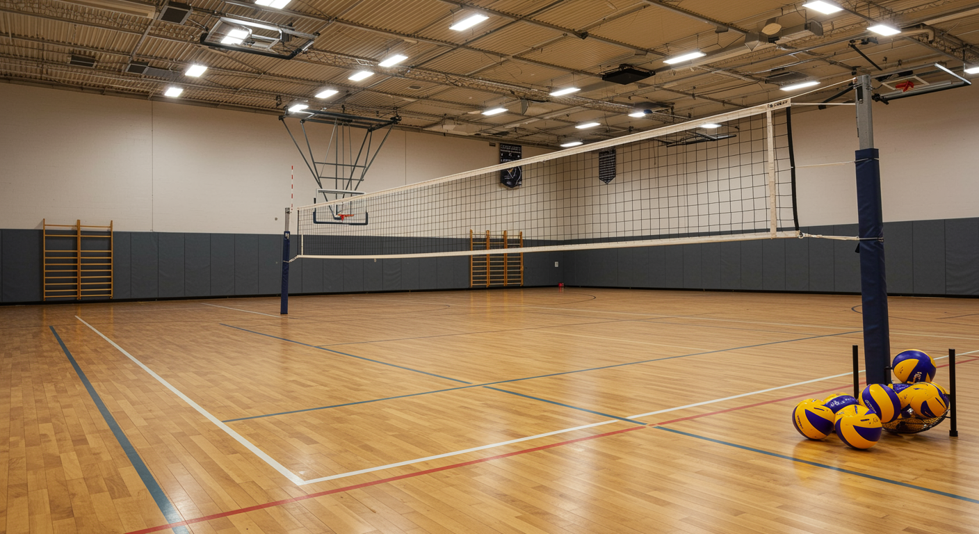 Indoor volleyball court with polished wood floor and net, showing professional sports training facility for competitive volleyball programs