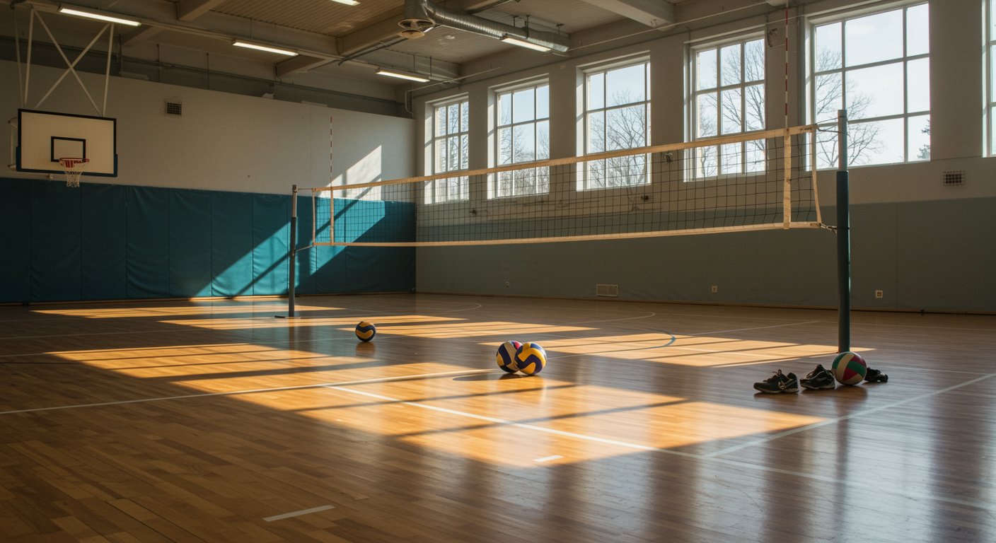 Spotless indoor volleyball court with volleyball net, arranged volleyballs, and shoes set out for personal coaching programs