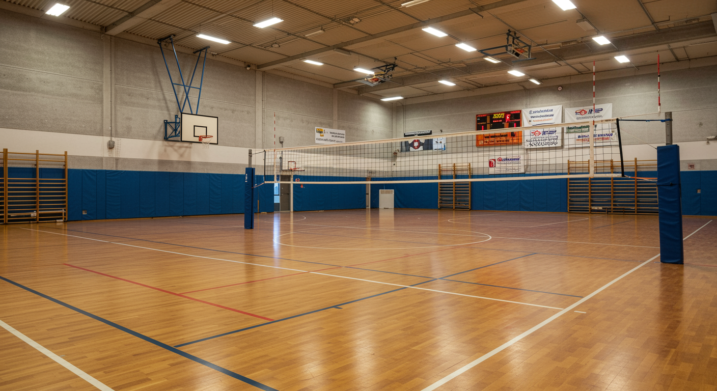 Indoor volleyball court with polished wood floor and net prepared for tournament event in sports training facility