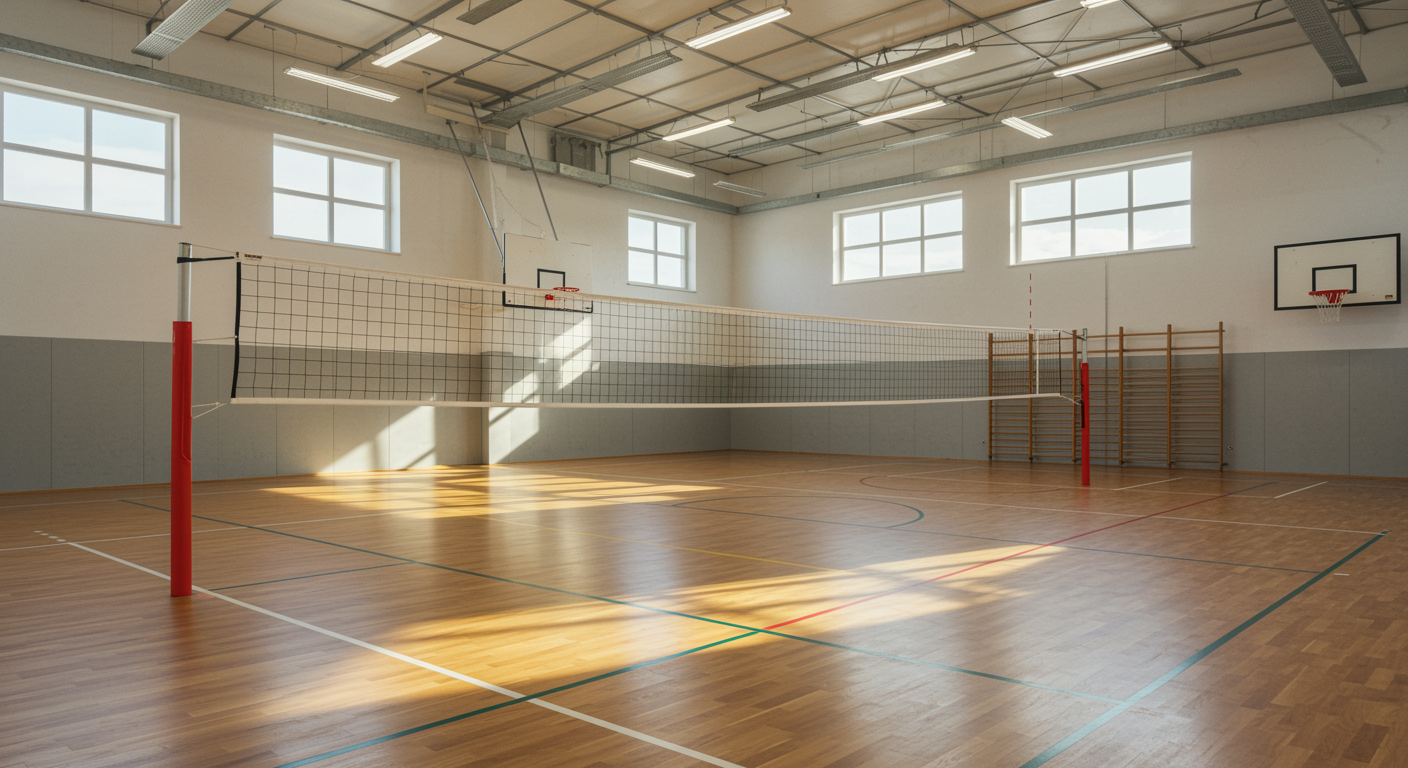 Modern indoor volleyball court with polished wood floors and net in a sunlit sports training facility